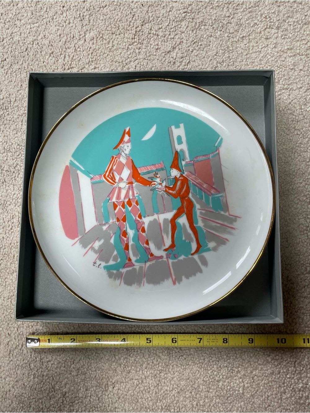 Decorative Ceramic Plate with Turquoise and Coral Harlequin Design